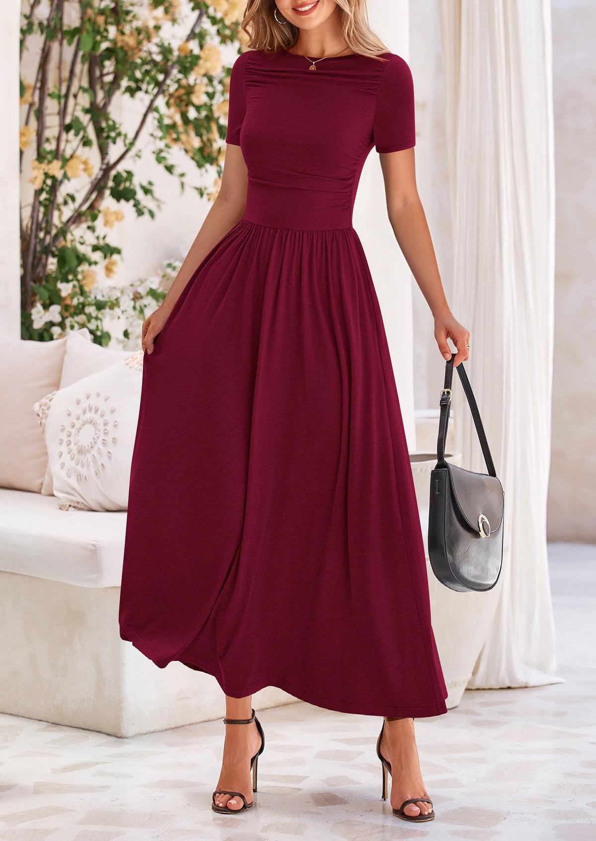 Casual Short Sleeve Ruched Patchwork A Line Pleated Swing Maxi Dresses with Pockets