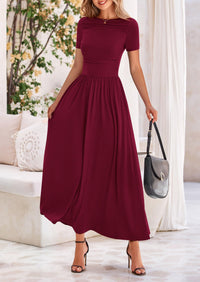 Casual Short Sleeve Ruched Patchwork A Line Pleated Swing Maxi Dresses with Pockets