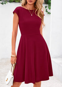 Crew neck Cap Sleeve Ribbed Knit Casual Flowy A Line Mini Dress with Pockets
