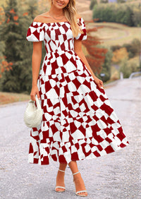 Off Shoulder Puff Sleeve Print Smocked Ruffle Beach Flowy Boho Midi Dress