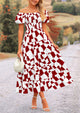 Off Shoulder Puff Sleeve Print Smocked Ruffle Beach Flowy Boho Midi Dress