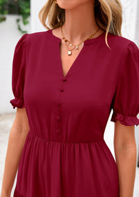 Casual Short Sleeve V Neck Tiered Flowy Beach Vacation Maxi Dress with Pockets