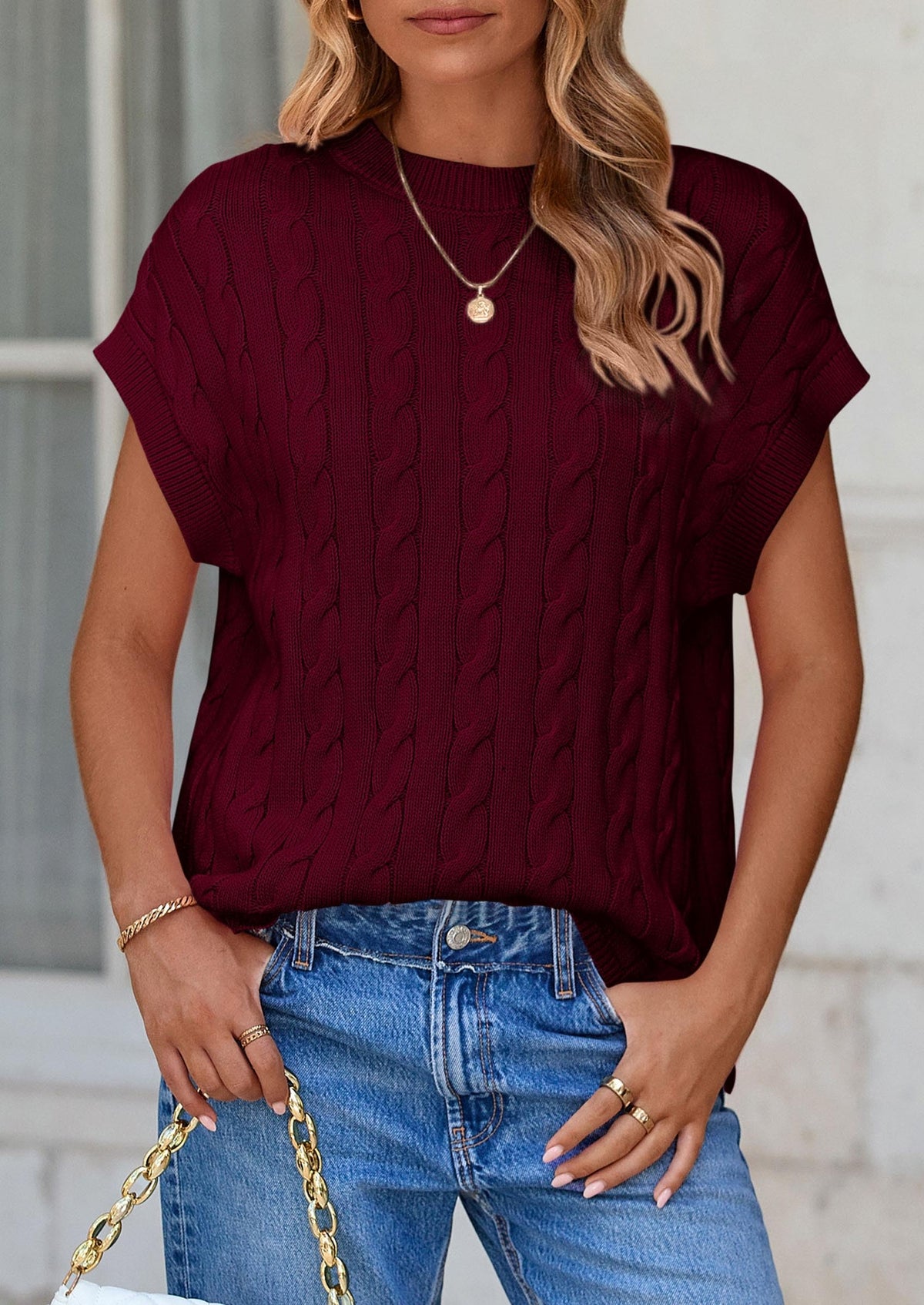 Casual Short Sleeve Crew Neck Knit Pullover Trendy Spring Outfits Sweater Vest