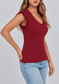 V Neck Ruffle Sleeveless Slim Fit Casual T-shirts
