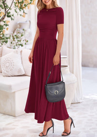 Casual Short Sleeve Ruched Patchwork A Line Pleated Swing Maxi Dresses with Pockets