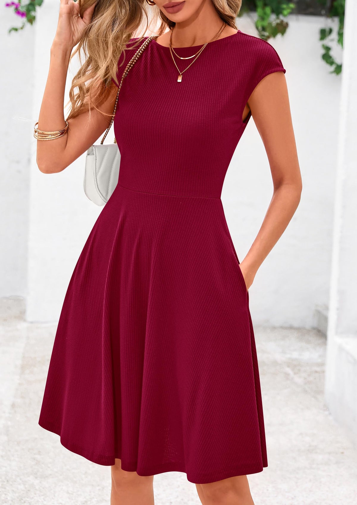 Crew neck Cap Sleeve Ribbed Knit Casual Flowy A Line Mini Dress with Pockets