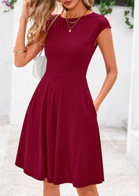 Crew neck Cap Sleeve Ribbed Knit Casual Flowy A Line Mini Dress with Pockets