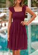 Casual Sleeveless Tulle Ruffle Square Neck Tiered Smocked Wedding Guest Mini Dresses