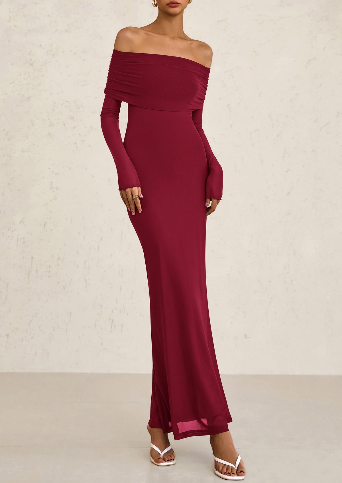 Off The Shoulder Bodycon Long Sleeve Mesh Maxi Dress