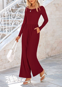 Solid Color Casual Long Sleeve Wide Leg Pants Jumpsuits