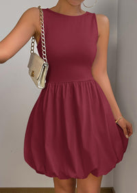 Casual Sleeveless Tank Mini Short Dress Crew Neck Bubble Dress with Pockets