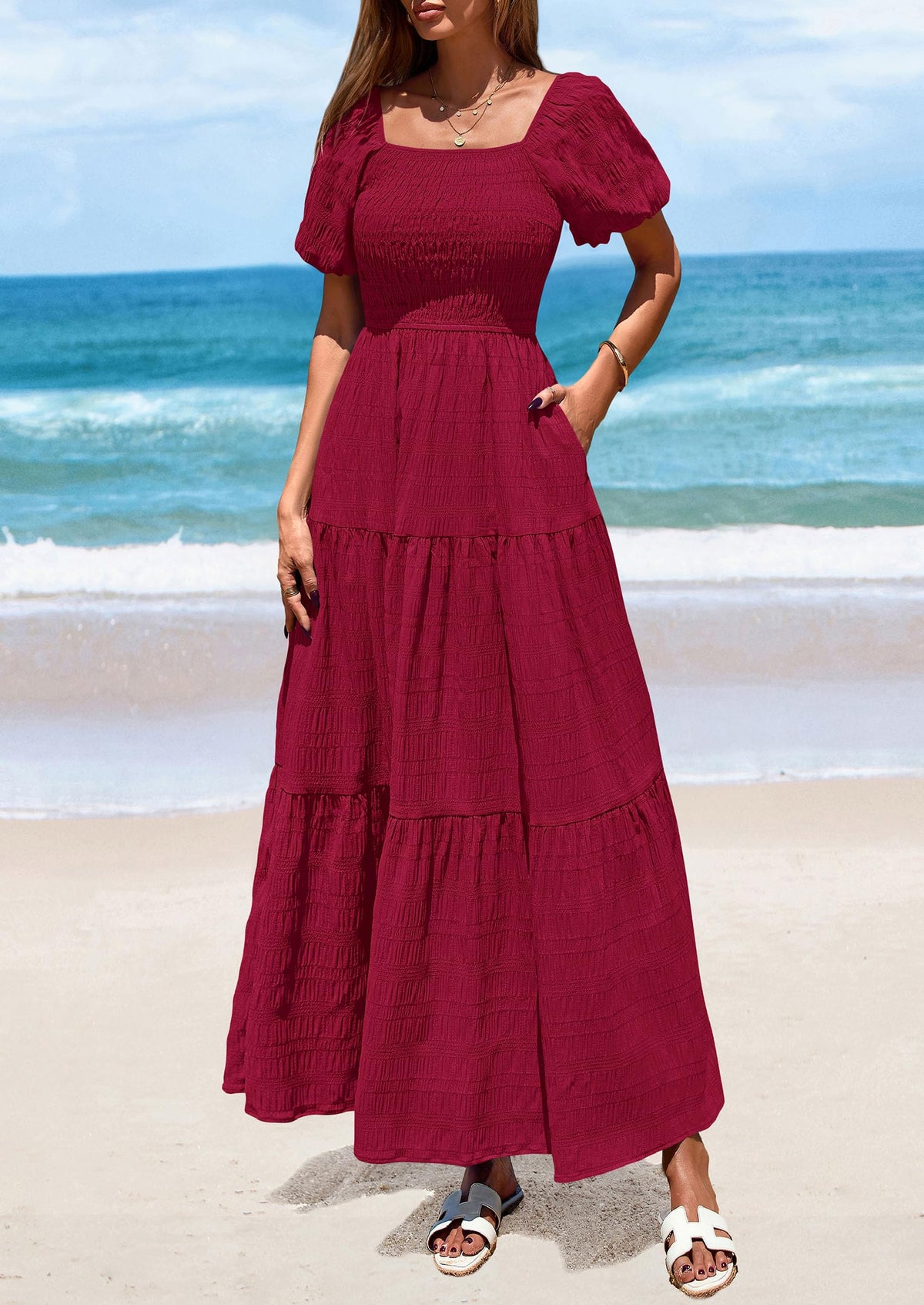 Puff Short Sleeve Square Neck Smocked Tiered Ruffle A Line Flowy Beach Maxi Dresses