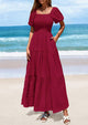 Puff Short Sleeve Square Neck Smocked Tiered Ruffle A Line Flowy Beach Maxi Dresses