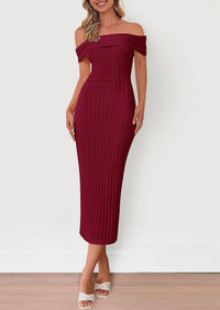 Off The Shoulder Elegant Ribbed Knit Bodycon Wedding Guest Sweater Midi Dresses