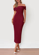 Off The Shoulder Elegant Ribbed Knit Bodycon Wedding Guest Sweater Midi Dresses