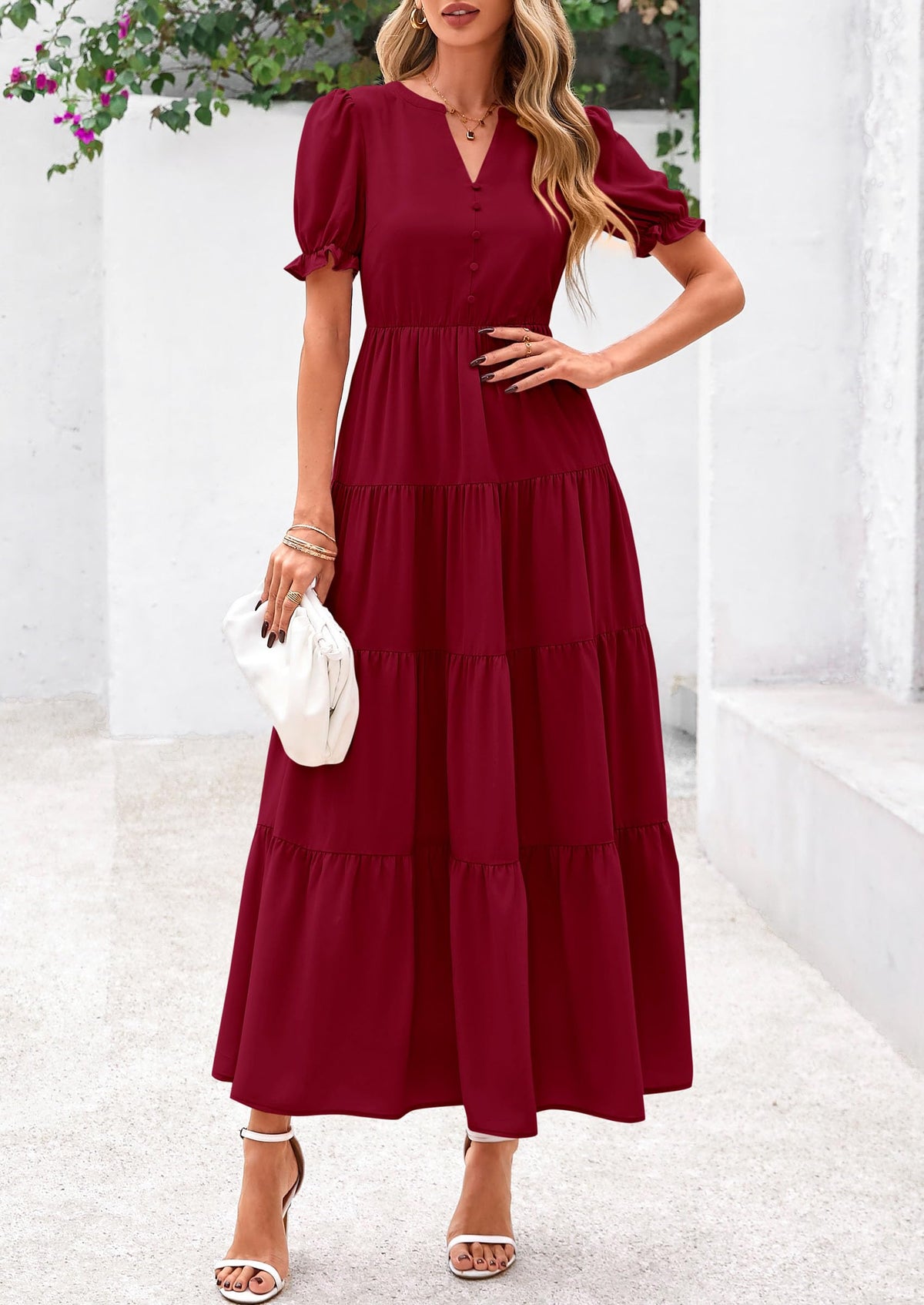 Casual Short Sleeve V Neck Tiered Flowy Beach Vacation Maxi Dress with Pockets