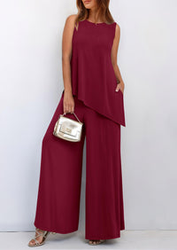 Asymmetrical Split Tank Tops Wide Leg Pants  Two Piece Sets