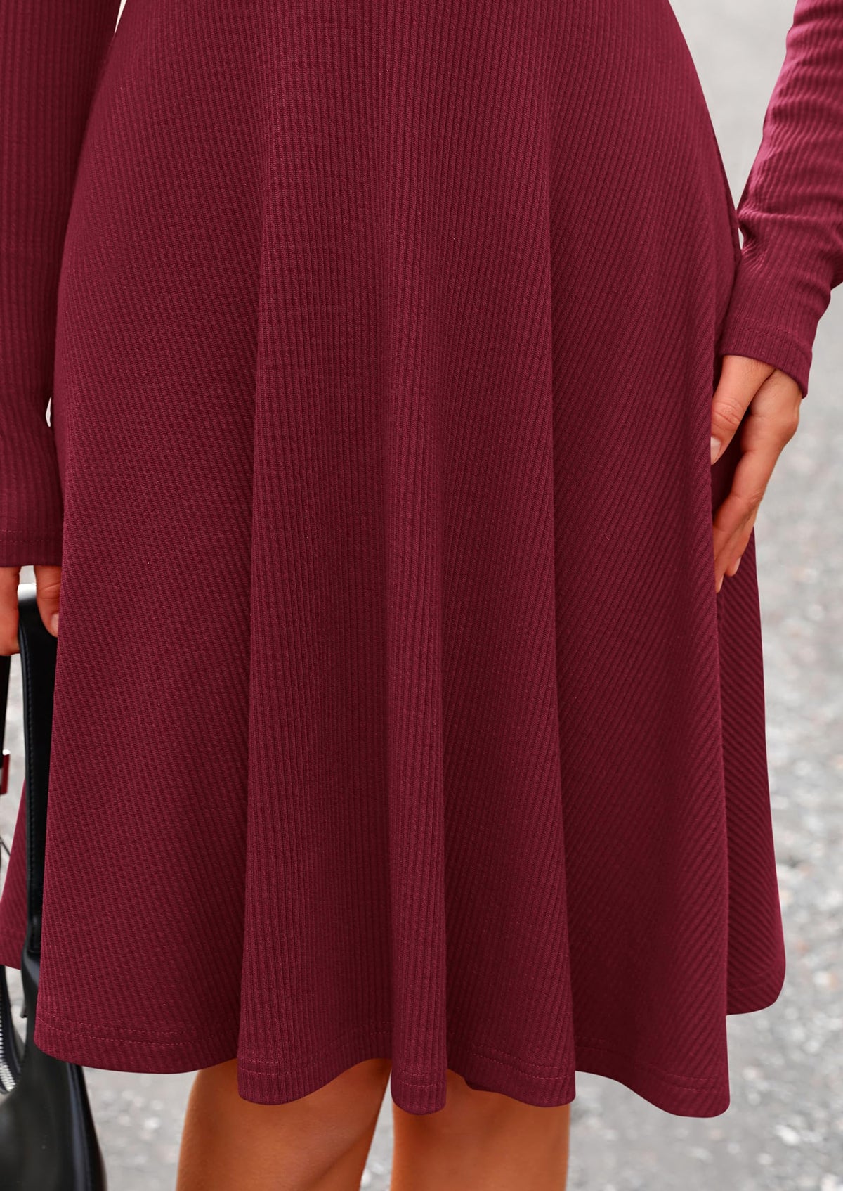Ribbed Knit Crew Neck Long Sleeve A-Line Flowy Casual Elegant Mini Dresses