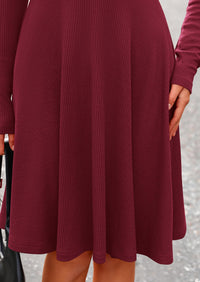 Ribbed Knit Crew Neck Long Sleeve A-Line Flowy Casual Elegant Mini Dresses