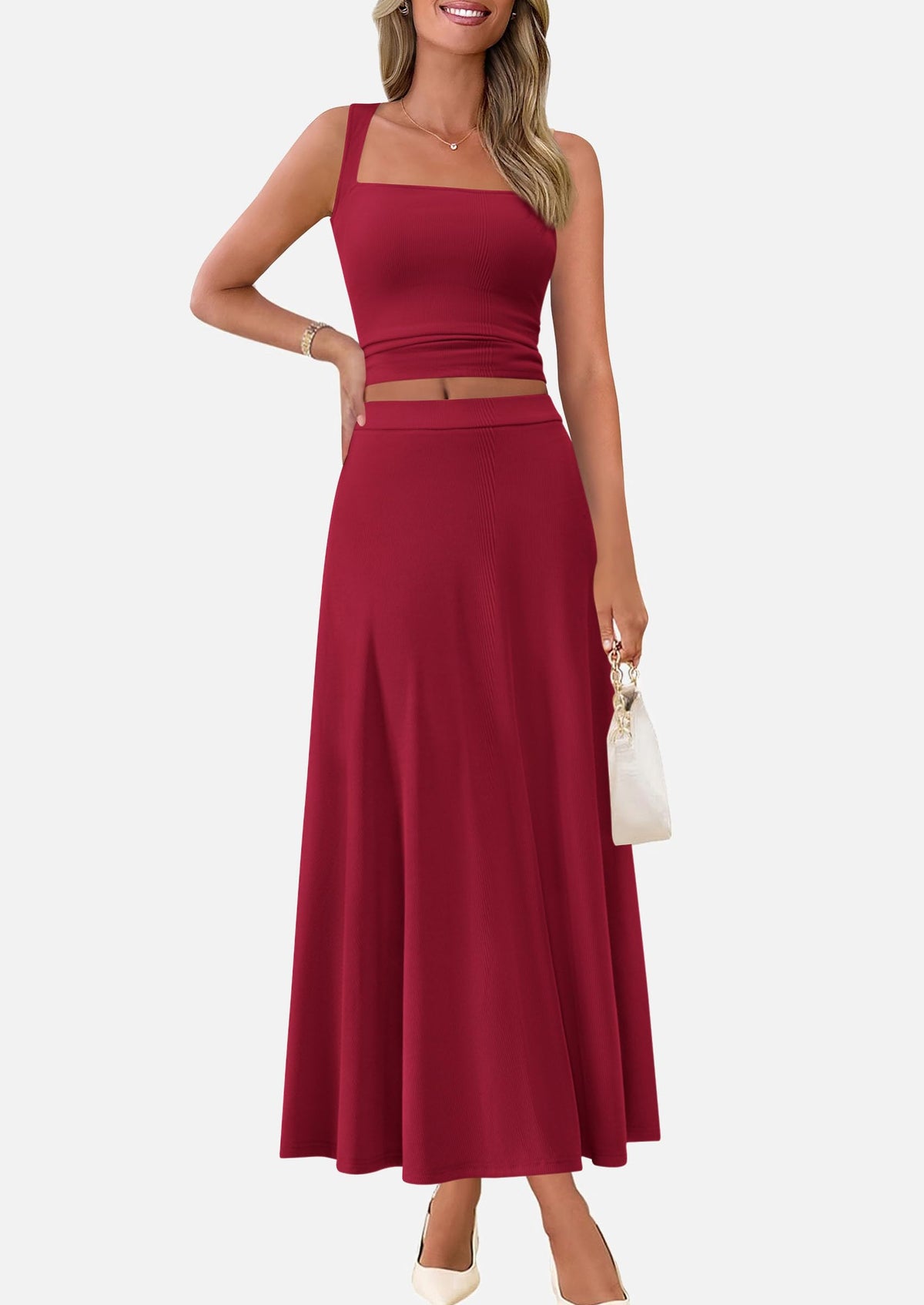 Crop Tank Top Flowy Midi Skirts Ribbed Knit Casual Two Piece Skirt Set