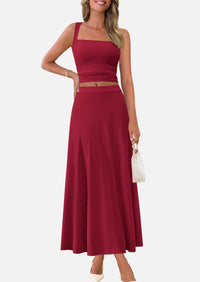 Crop Tank Top Flowy Midi Skirts Ribbed Knit Casual Two Piece Skirt Set