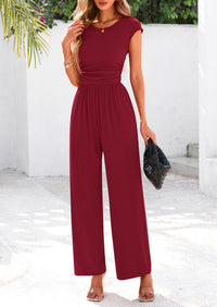 Dressy Ribbed Cap Sleeve Wide Leg Pants Elegant Casual Jumpsuits