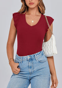 V Neck Ruffle Sleeveless Slim Fit Casual T-shirts