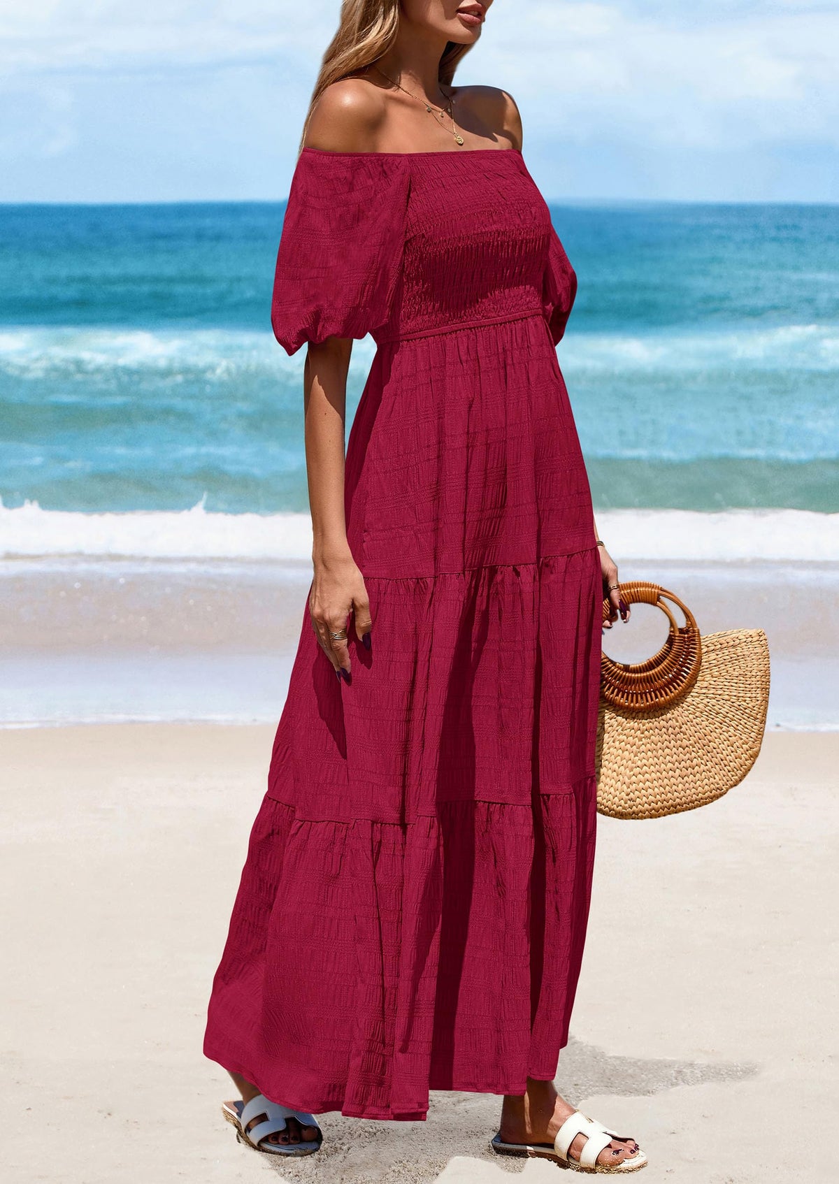 Puff Short Sleeve Square Neck Smocked Tiered Ruffle A Line Flowy Beach Maxi Dresses