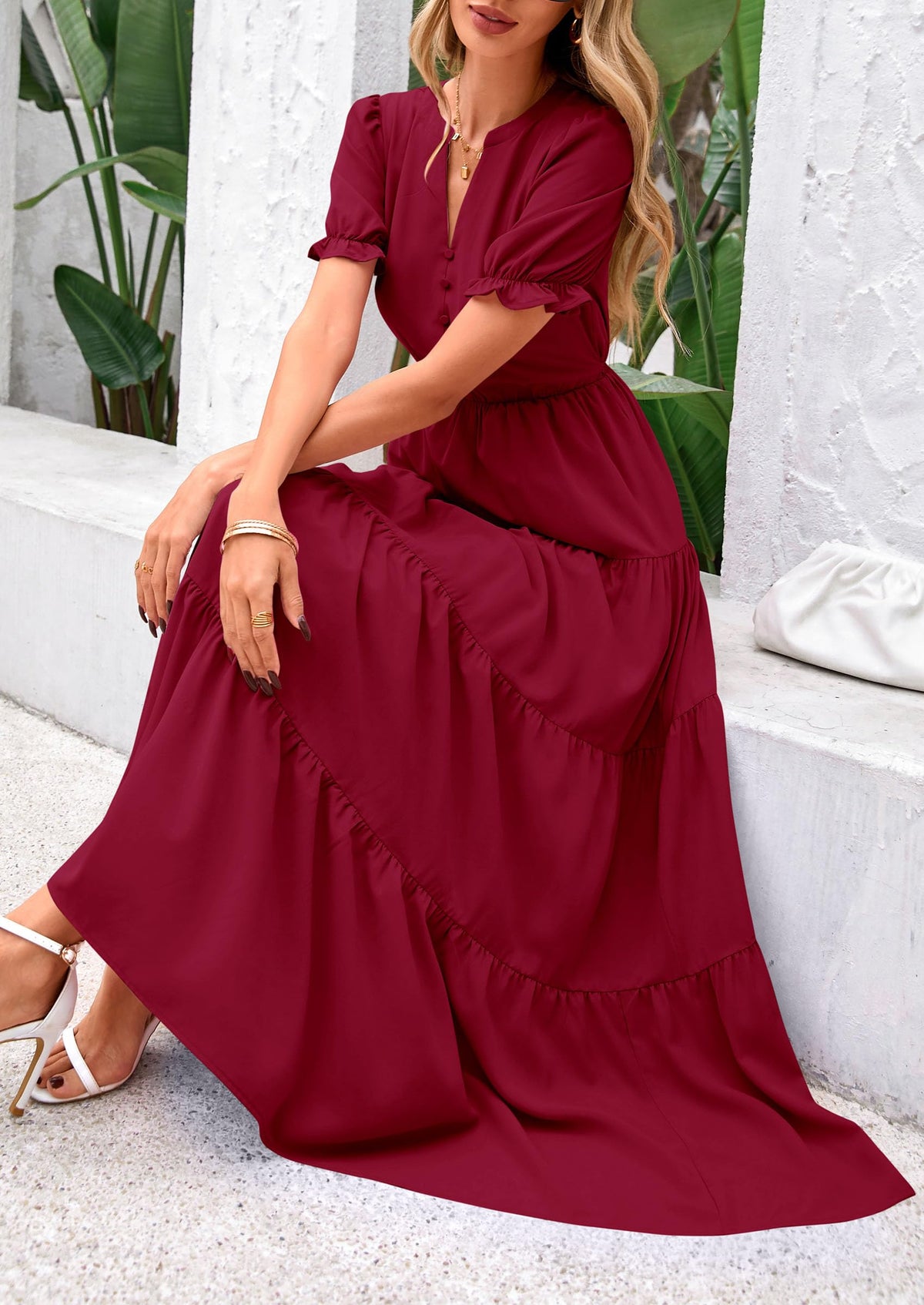 Casual Short Sleeve V Neck Tiered Flowy Beach Vacation Maxi Dress with Pockets