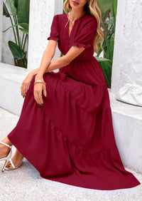 Casual Short Sleeve V Neck Tiered Flowy Beach Vacation Maxi Dress with Pockets