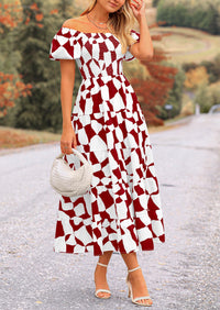 Off Shoulder Puff Sleeve Print Smocked Ruffle Beach Flowy Boho Midi Dress