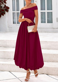 Off Shoulder Sleeveless A Line Midi Dress with Pockets