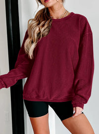Ribbed Corduroy Crew Neck Long Sleeve Loose Fit Casual Oversized Sweatshirt