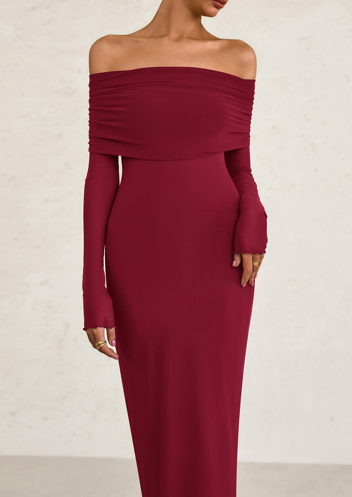 Off The Shoulder Bodycon Long Sleeve Mesh Maxi Dress
