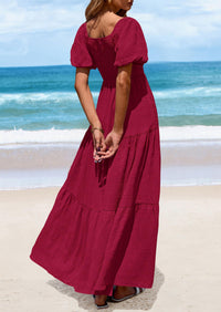 Puff Short Sleeve Square Neck Smocked Tiered Ruffle A Line Flowy Beach Maxi Dresses