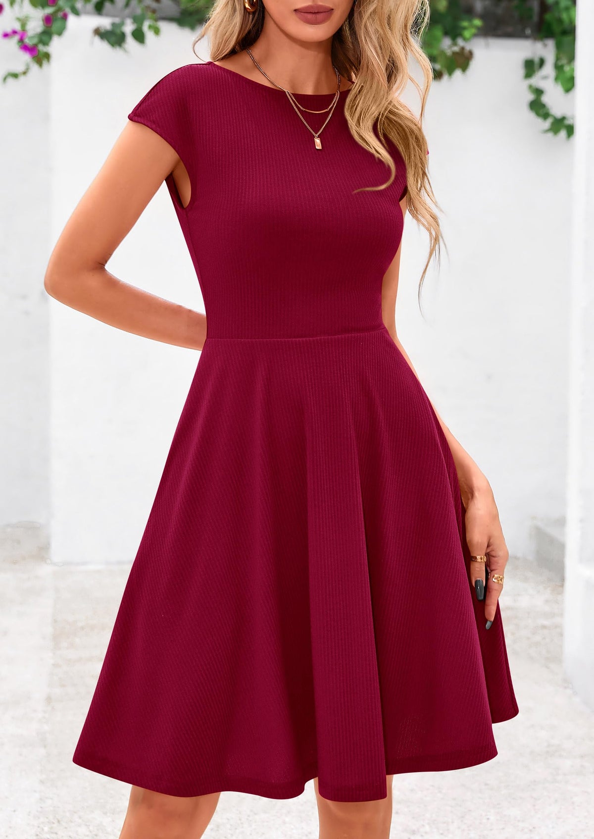 Crew neck Cap Sleeve Ribbed Knit Casual Flowy A Line Mini Dress with Pockets