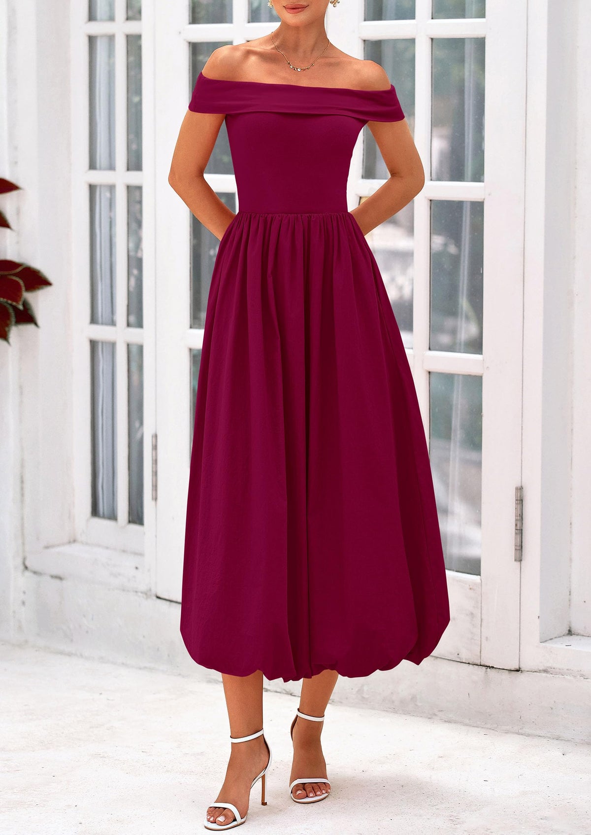 Off Shoulder Sleeveless A Line Midi Dress with Pockets