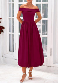 Off Shoulder Sleeveless A Line Midi Dress with Pockets