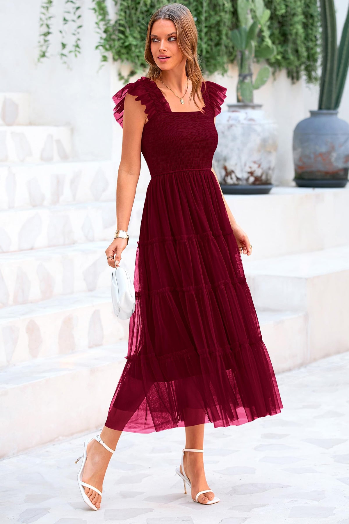 Casual Sleeveless Smocked Ruffle Tulle Flowy Beach Sundress