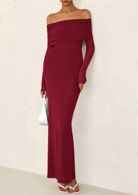 Off The Shoulder Bodycon Long Sleeve Mesh Maxi Dress