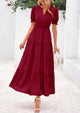 Casual Short Sleeve V Neck Tiered Flowy Beach Vacation Maxi Dress with Pockets