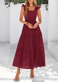 Square Neck Cap Sleeve Eyelet Smocked Tiered A Line Maxi Dresses with Pockets