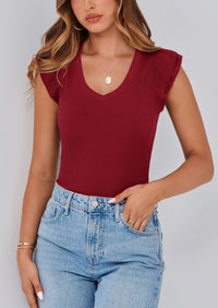 V Neck Ruffle Sleeveless Slim Fit Casual T-shirts