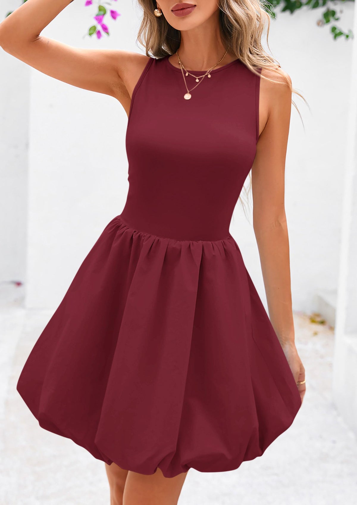 Casual Sleeveless Tank Mini Short Dress Crew Neck Bubble Dress with Pockets