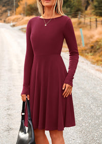 Ribbed Knit Crew Neck Long Sleeve A-Line Flowy Casual Elegant Mini Dresses
