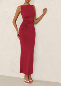 Sleeveless Ruched Bodycon Slit Long Maxi Dresses