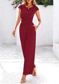 Dressy Ribbed Cap Sleeve Wide Leg Pants Elegant Casual Jumpsuits