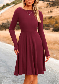 Ribbed Knit Crew Neck Long Sleeve A-Line Flowy Casual Elegant Mini Dresses