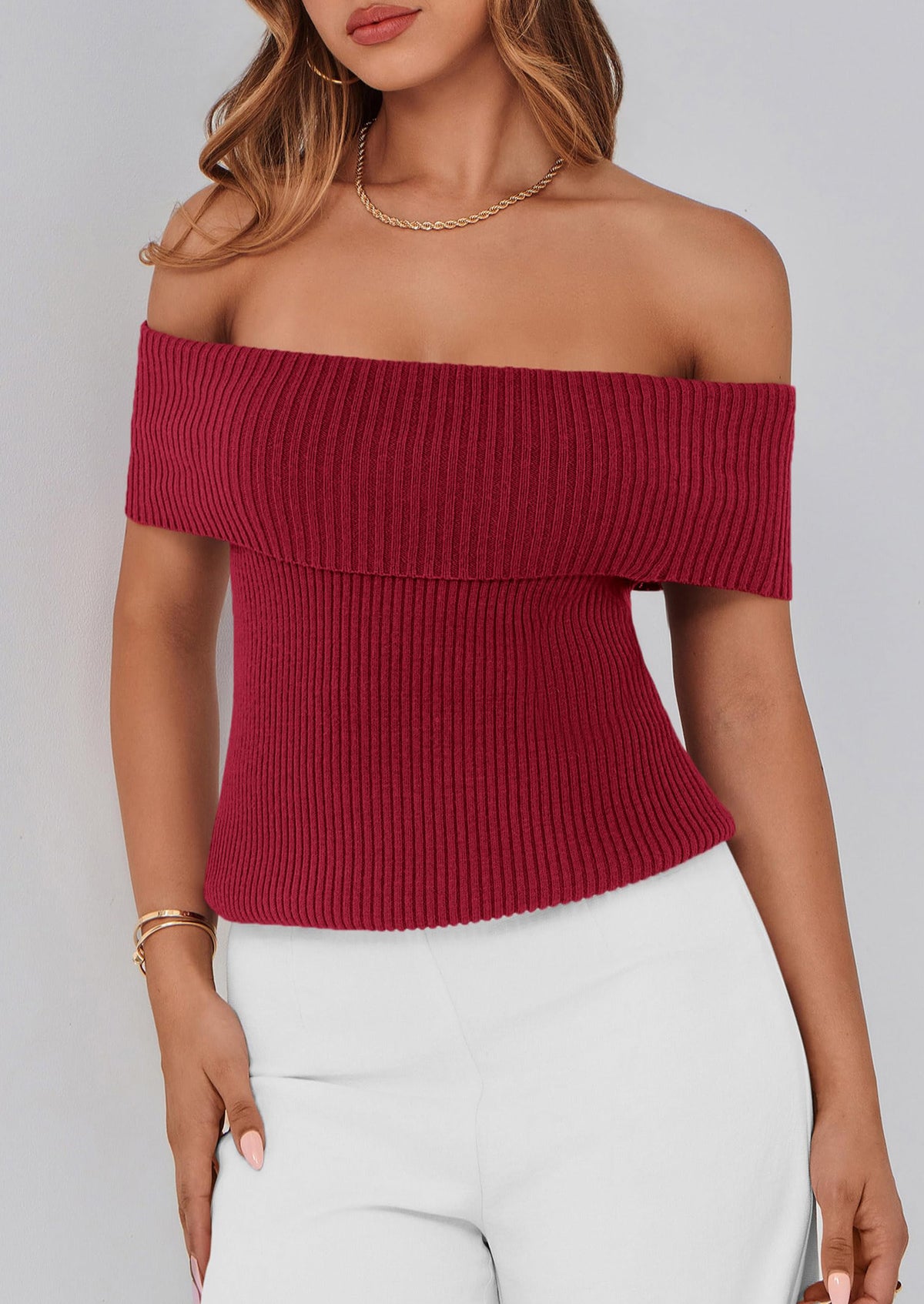 Off Shoulder Ribbed Knit Short Sleeve Blouse