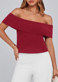 Off Shoulder Ribbed Knit Short Sleeve Blouse